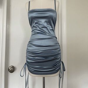 Satin baby blue scrunch mini dress